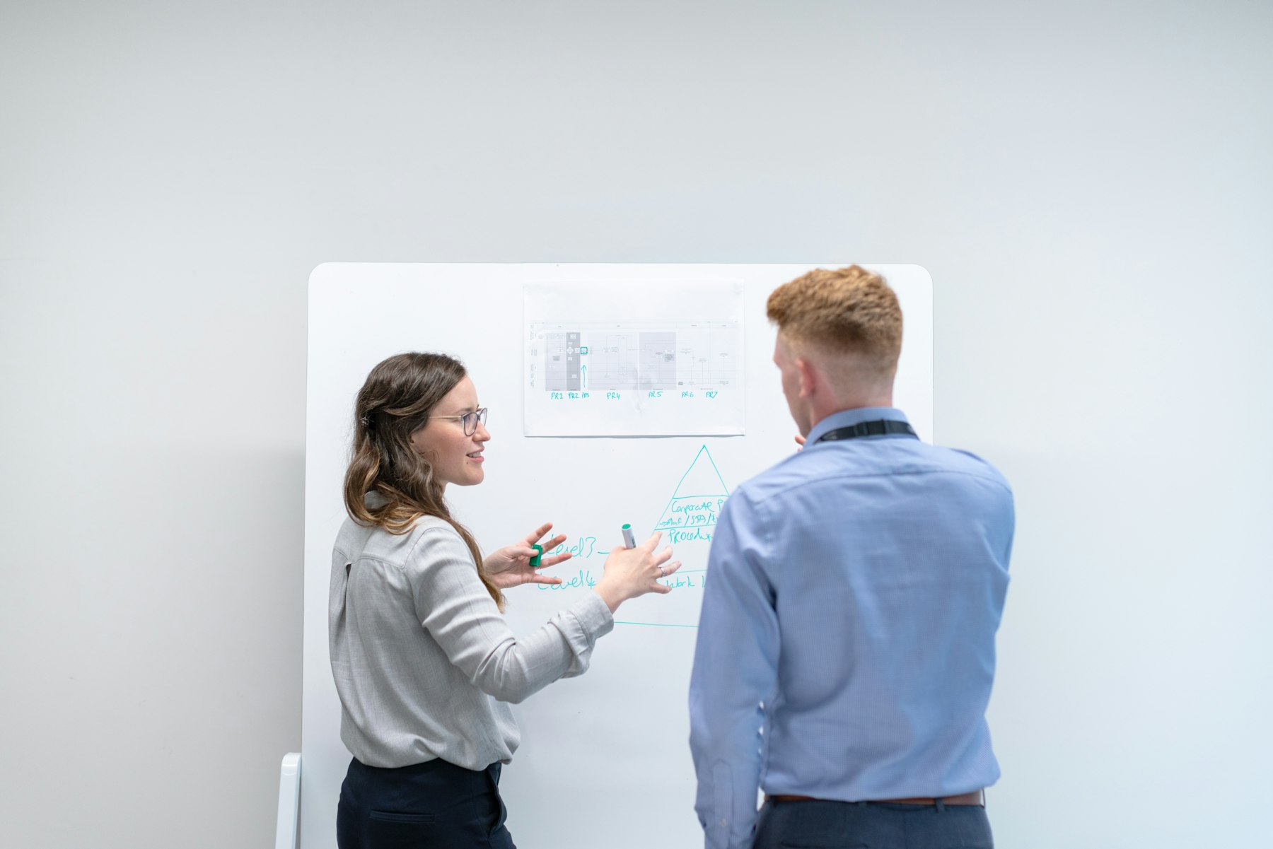 Twee collega's bespreken een ontwerp bij een whiteboard